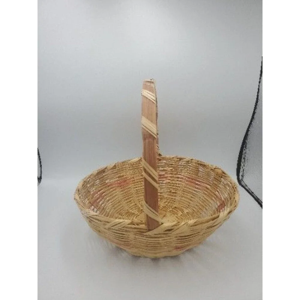 Vintage Woven Easter Basket Pink Bands Handle Made in Mexico 12